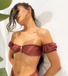 South Beach X Natalya Wright Exclusive Cold Shoulder Sleeve Bikini Top In Brown