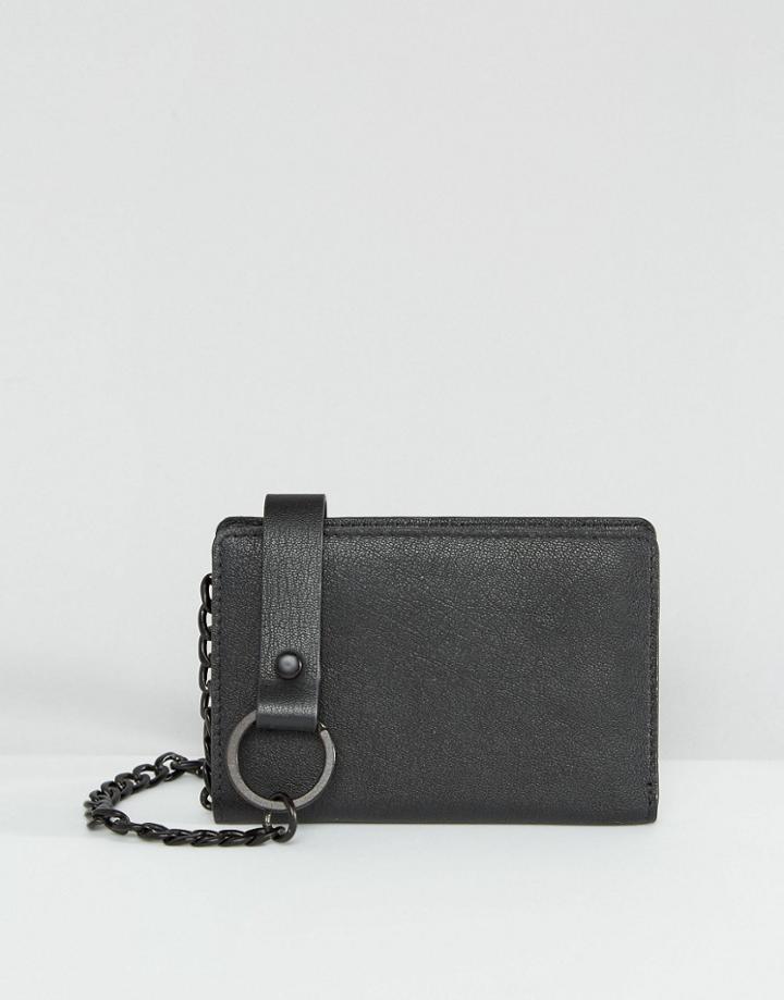 Asos Leather Wallet In Black With Chain - Black