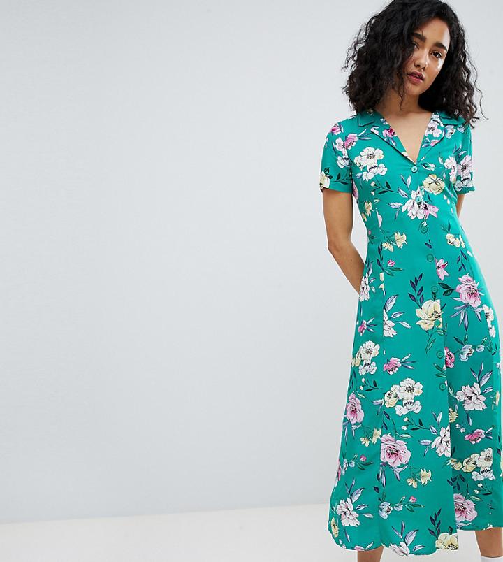 Bershka Floral Midi Shirt Dress In Green