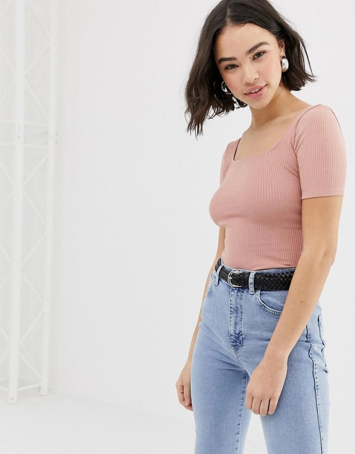 Pull & Bear Ribbed Square Neck 3/4 Sleeve Top In Pink - Pink