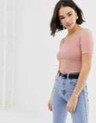 Pull & Bear Ribbed Square Neck 3/4 Sleeve Top In Pink - Pink