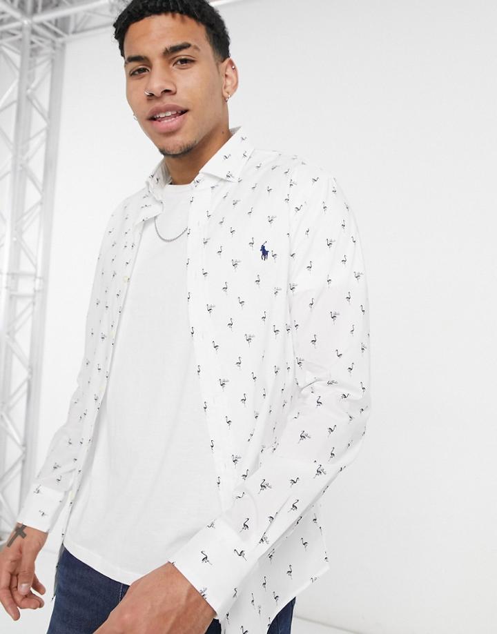 Polo Ralph Lauren Poplin Player Logo All Over Flamigo Print Shirt Button Down Slim Fit In White