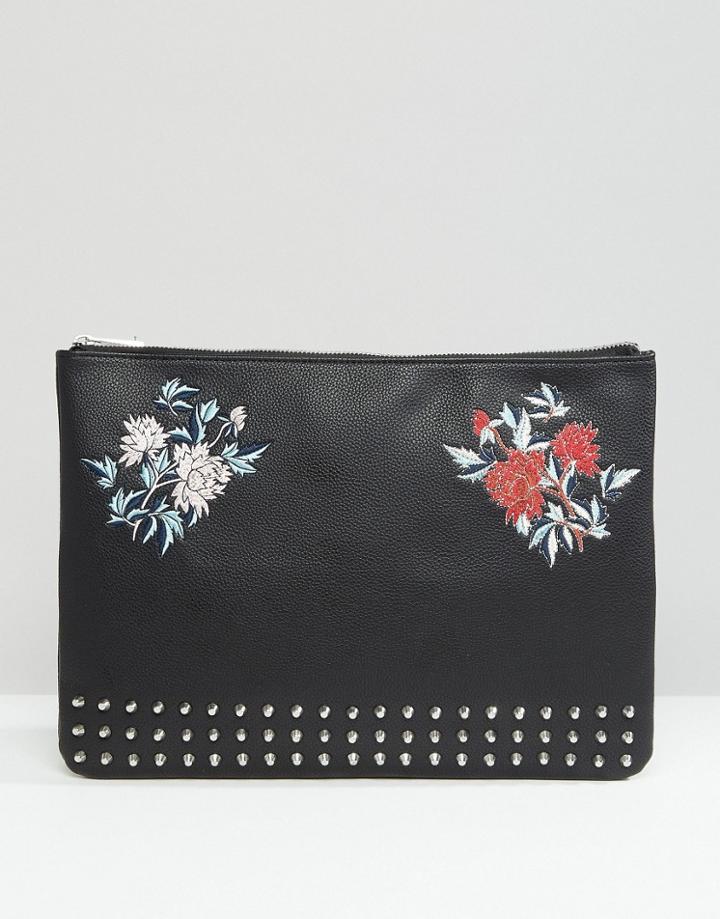 Asos Clutch Document Case With Studding & Embroidery - Black