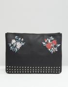 Asos Clutch Document Case With Studding & Embroidery - Black