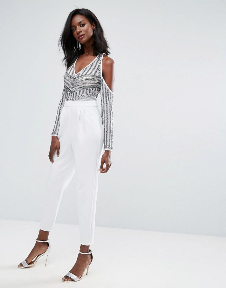 Asos Premium Embellished Cold Shoulder Jumpsuit With Plunge Neck - Gray