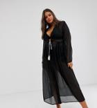 Brave Soul Plus Sheer Beach Dress With Tassel Tie Front-black