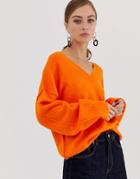 Asos Design Fluffy Sweater With V Neck-orange