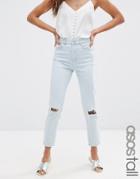Asos Tall Farleigh High Waist Slim Mom Jeans In Vintage Blue With Rips - Vintage Blue