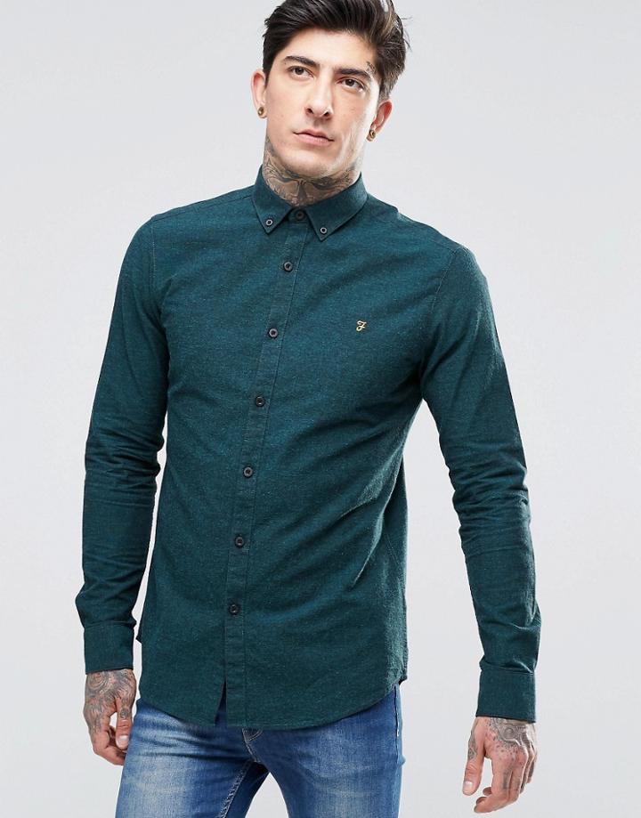 Farah Oxford Shirt With Black Weft In Slim Fit Dark Green - Dk Green