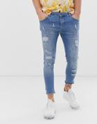 Siksilk Skinny Jeans In Blue With Raw Cuff - Blue
