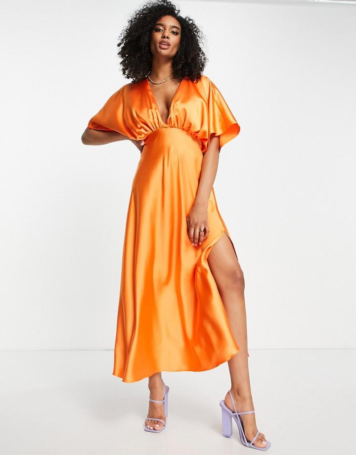 Asos Design Wrap Front Batwing Sleeve Satin Midi Dress In Orange
