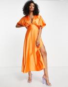 Asos Design Wrap Front Batwing Sleeve Satin Midi Dress In Orange