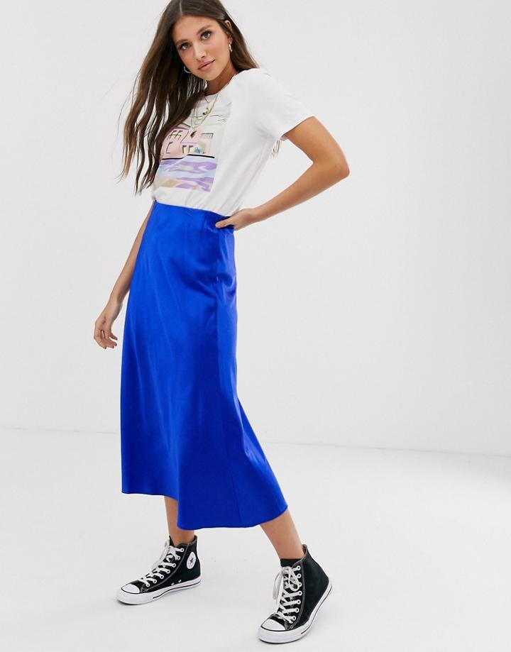 New Look Satin Midi Skirt In Light Blue