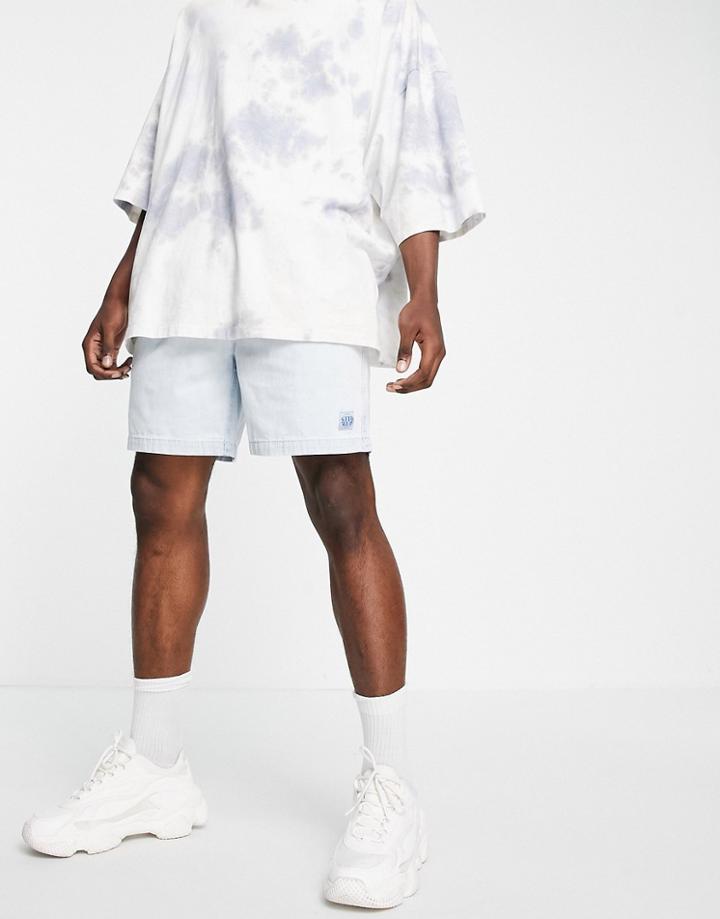 Pull & Bear Elasticated Denim Shorts In Bleach Blue-blues