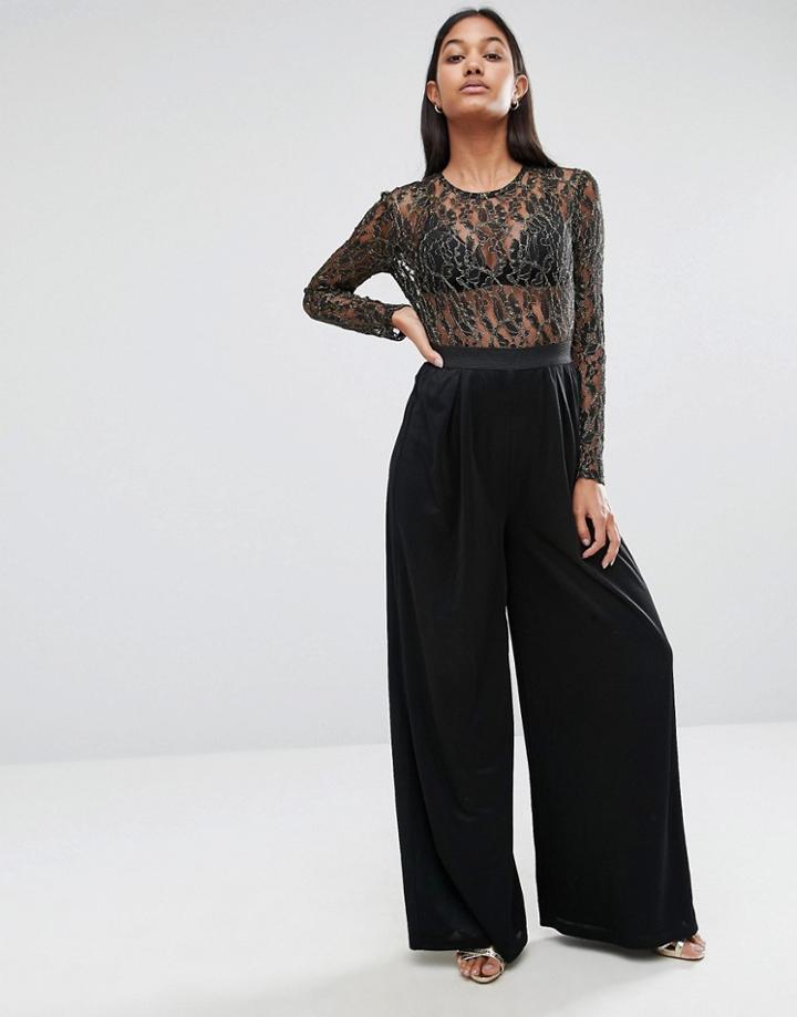 Rare London Wide Leg Jumpsuit In Metallic Lace - Black