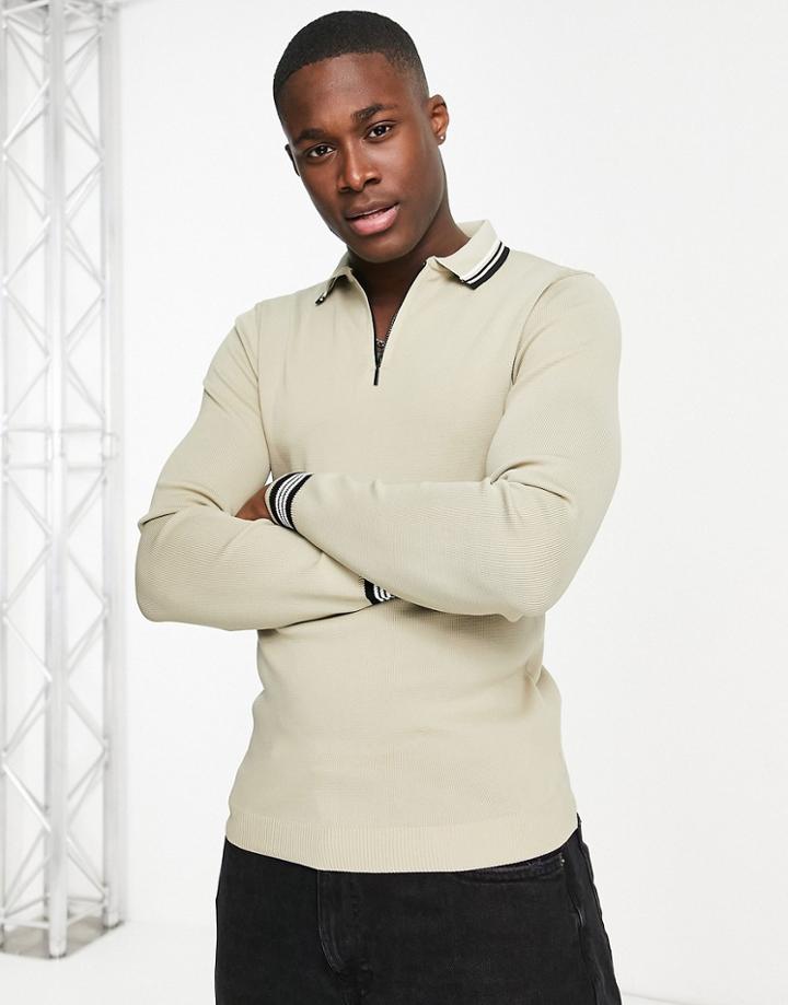 River Island Tipped Knit Polo Shirt In Brown