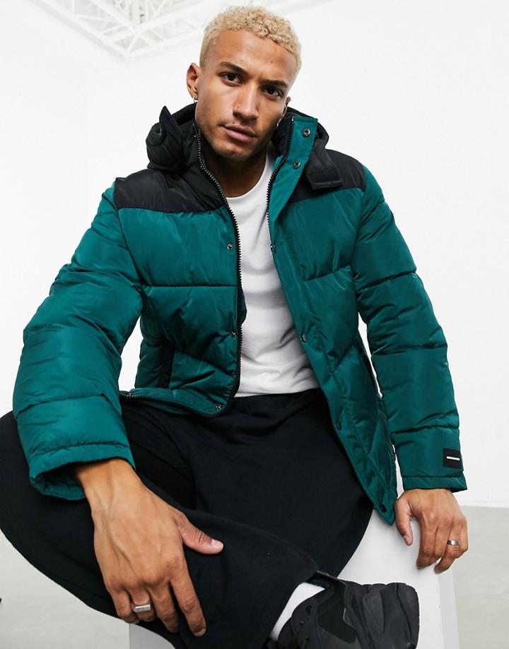 Asos Unrvlld Spply Puffer Jacket With Color Block Panel In Green