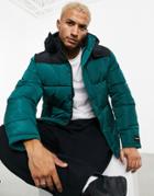 Asos Unrvlld Spply Puffer Jacket With Color Block Panel In Green