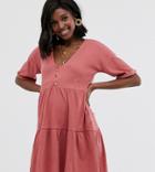 Asos Design Maternity Textured Button Through Smock Dress With Tiered Skirt - Pink