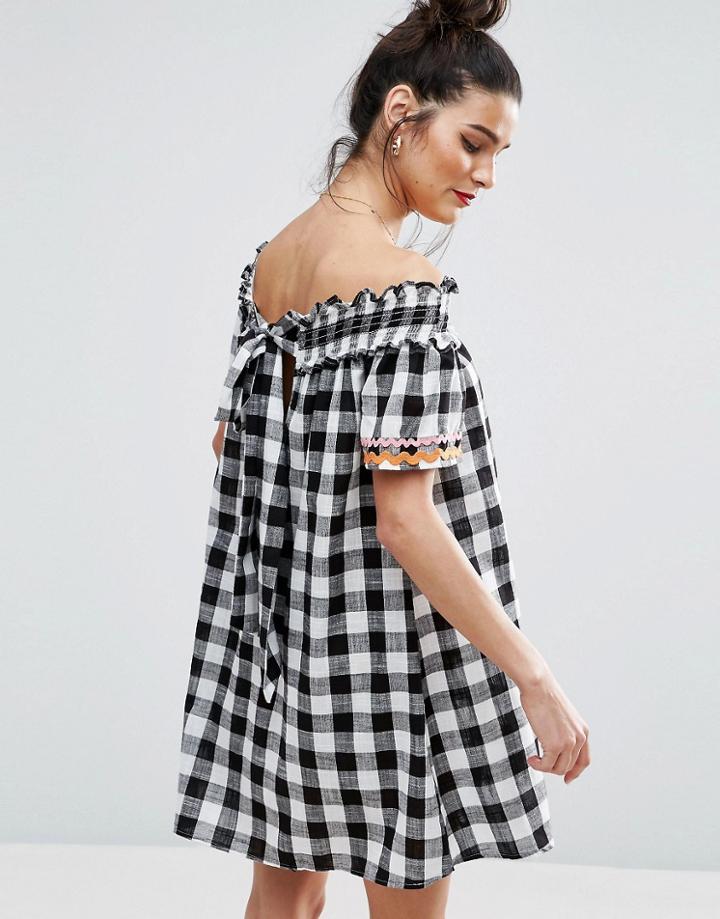 Asos Rik Rak Gingham Off Shoulder Dress With Shirring Detail - Multi