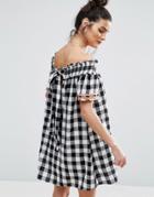 Asos Rik Rak Gingham Off Shoulder Dress With Shirring Detail - Multi