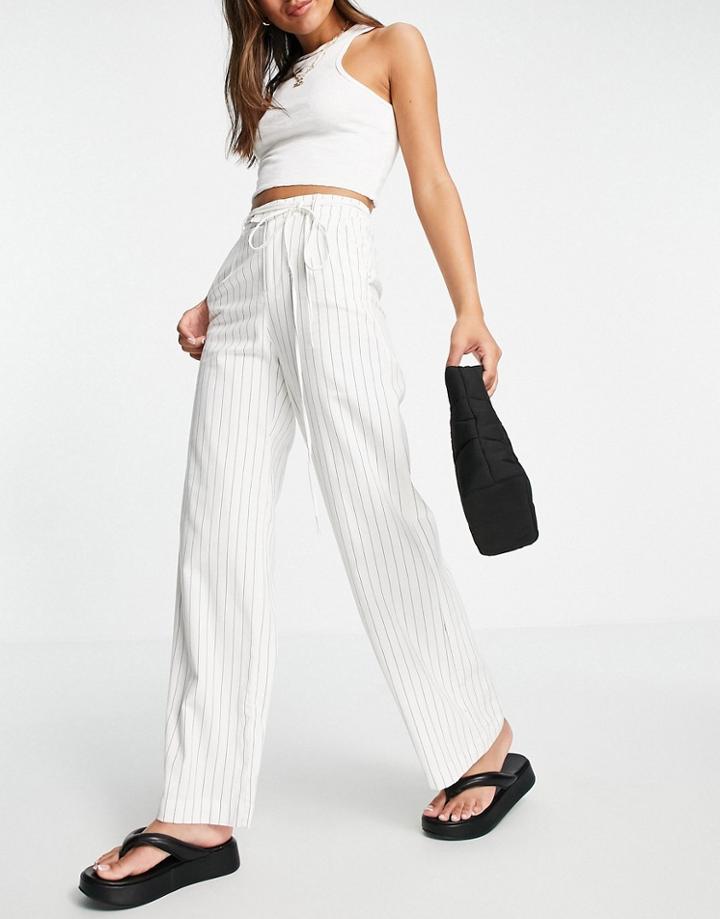 Bershka Linen Wide Leg Tailored Pants In White Pinstripe - Part Of A Set