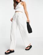Bershka Linen Wide Leg Tailored Pants In White Pinstripe - Part Of A Set