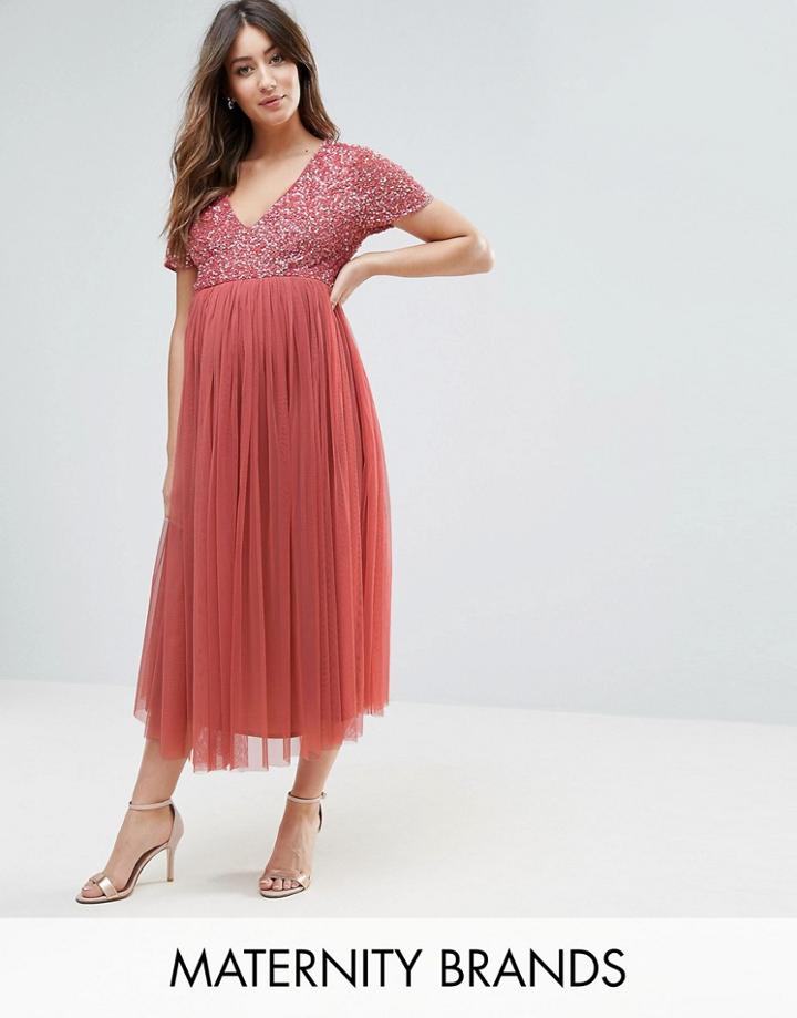 Maya Maternity Sequin Embellishment Midi Dress With Tulle Skirt - Pink