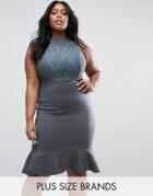 Club L Plus Midi Dress With Lace Top And Peplum Hem - Gray