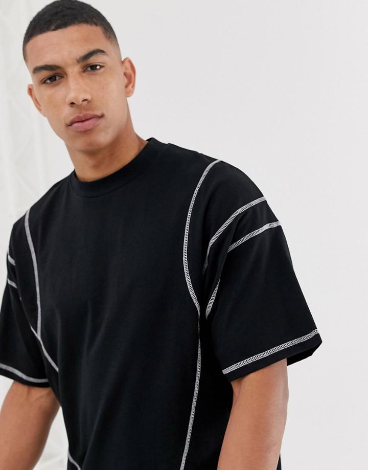 Asos Design Oversized T-shirt With Contrast Stitching In Black - Black