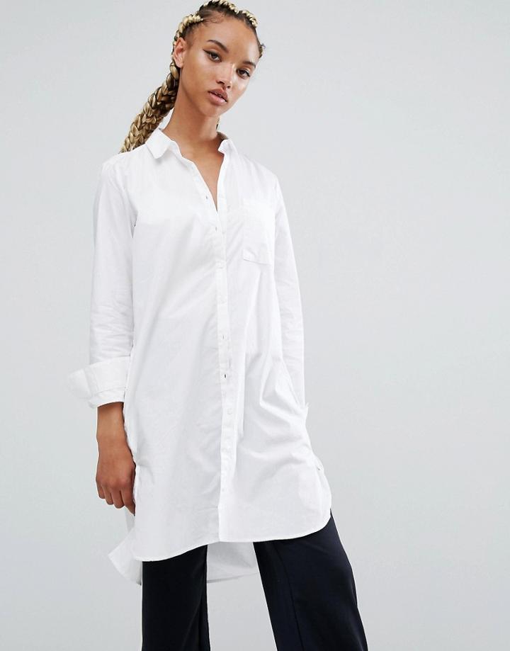 Pull & Bear White Longline Poplin Shirt - White