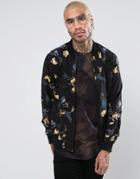 Religion Exclusive Jersey Bomber Jacket With Hawaiian Print - Navy
