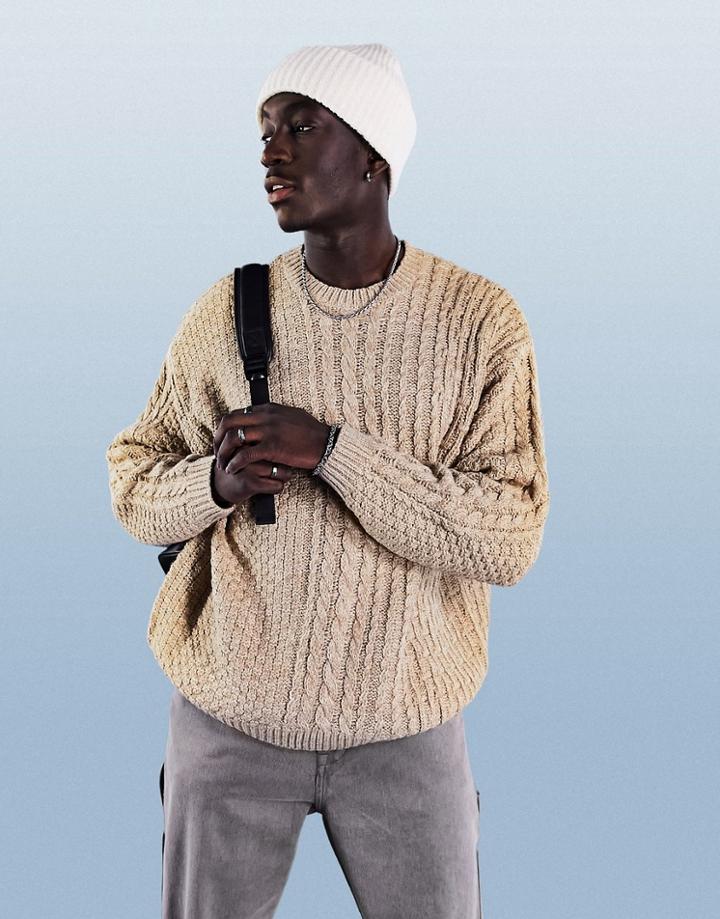 Asos Design Oversized Patchwork Cable Knit Sweater In Tan-brown