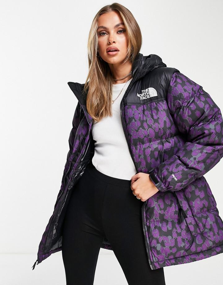 The North Face Nuptse Belted Leopard Print Mid Puffer Jacket In Purple