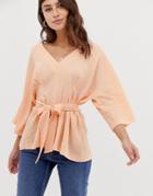 Asos Design Textured 3/4 Sleeve Oversized Top With V Neck And Tie Waist-pink