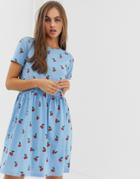 Daisy Street Mini Smock Dress In All Over Cherry Print-blue