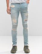 Asos Super Skinny Jeans With Rips In Biker Style Light Wash - Blue