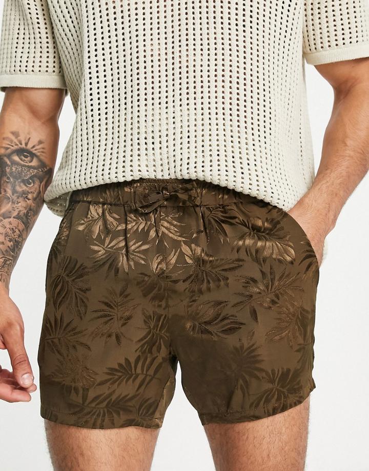 Asos Design Slim Shorts Khaki In Satin Palm Tree-green