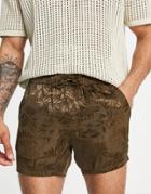 Asos Design Slim Shorts Khaki In Satin Palm Tree-green