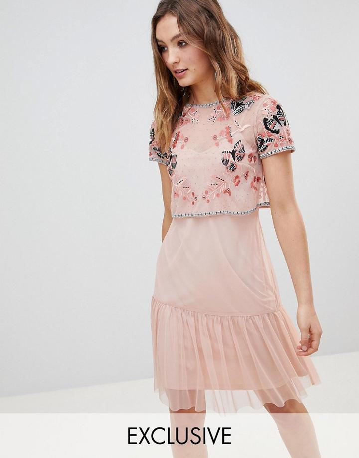 Frock And Frill Premium Embellished Top Drop Hem Skater Dress-pink