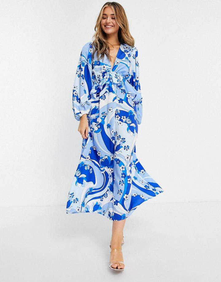 John Zack Exclusive Plunge Front Tiered Ruffle Maxi Dress In Multi Blue Swirl Print
