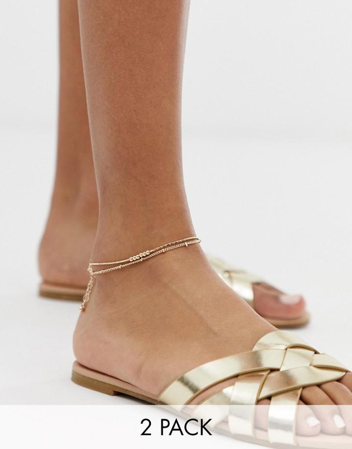 Asos Design Pack Of 2 Fine Ball Charm Anklets In Gold Tone