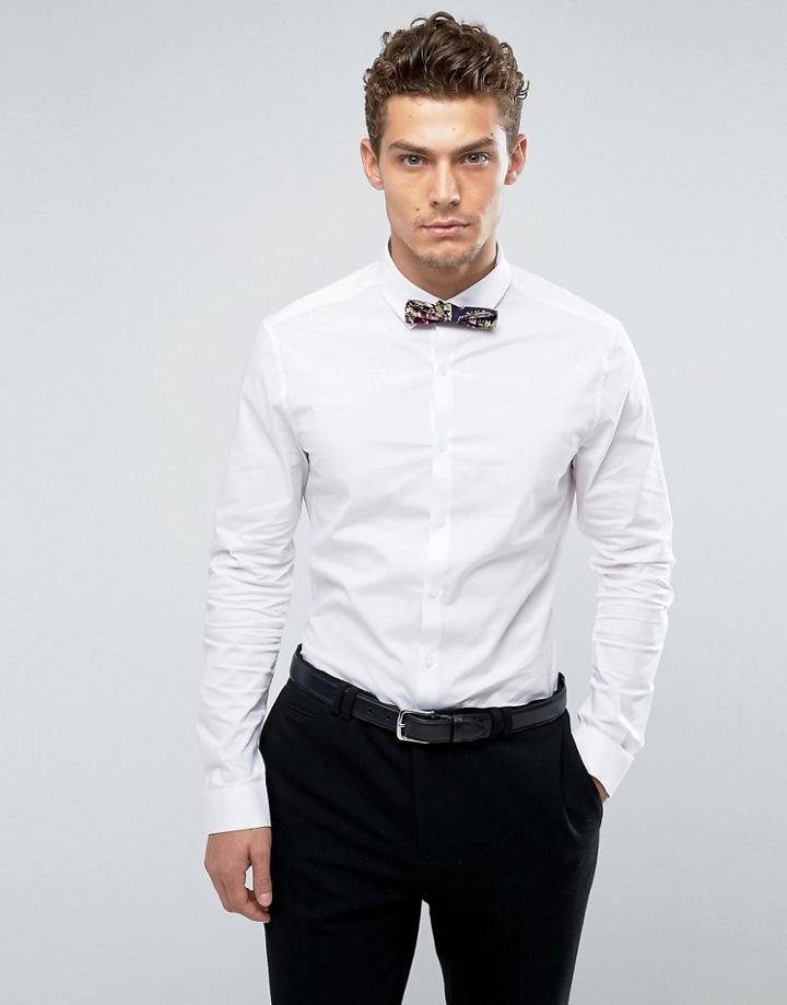 Asos Skinny Shirt In White With Navy Floral Bow Tie - White