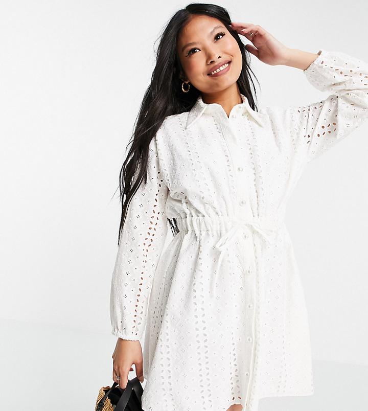 River Island Petite Drawstring Broderie Mini Shirt Dress In White