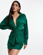In The Style X Syd & El Knot Front Satin Shirt Dress In Emerald Green-blue