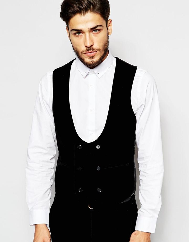 Asos Slim Half Moon Shape Vest In Velvet - Black