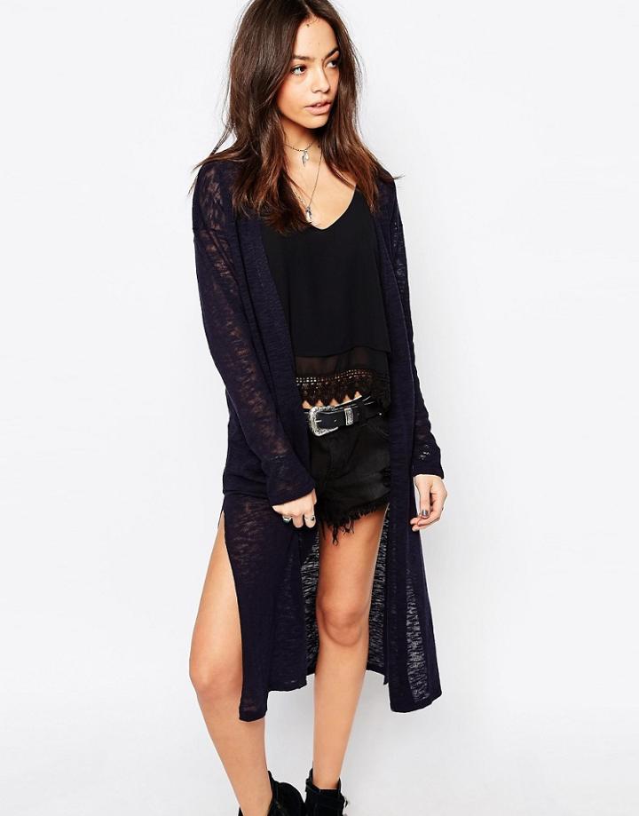 Only Split Side Longline Fine Knit Cardigan - Navy