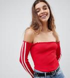 E.l.k Ribbed Off Shoulder Crop Top With Striped Sleeve - Red