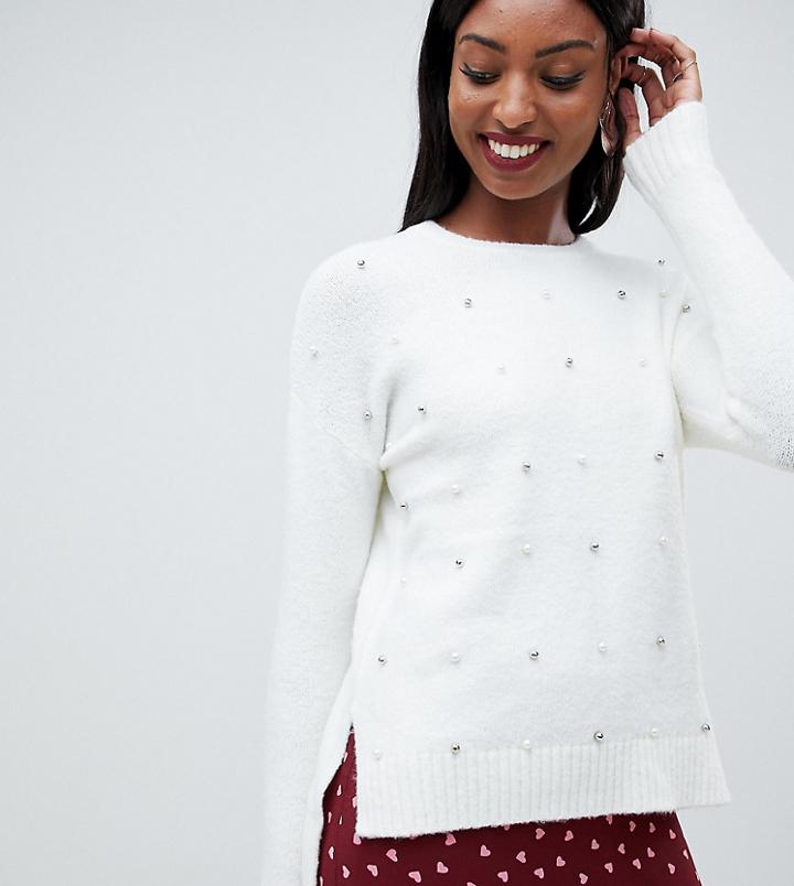 Fashion Union Tall All Over Embellished Sweater With Step Hem - Cream