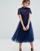 Chi Chi London High Neck Lace Midi Dress With Tulle Skirt - Navy